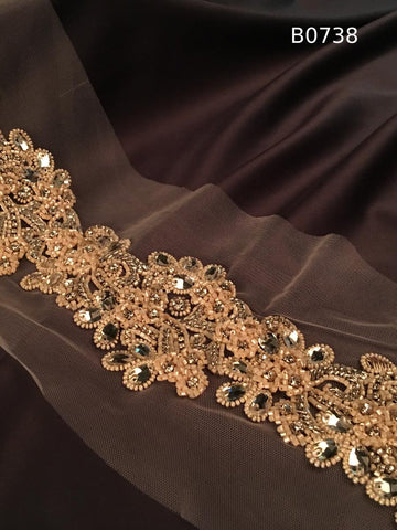 #B0738 Elegant Hand-Beaded Trim in Floral Design – Intricately Embellished with Rhinestones, Beads, and Crystals for Bridal, Couture, and Luxury Fashion Detailing