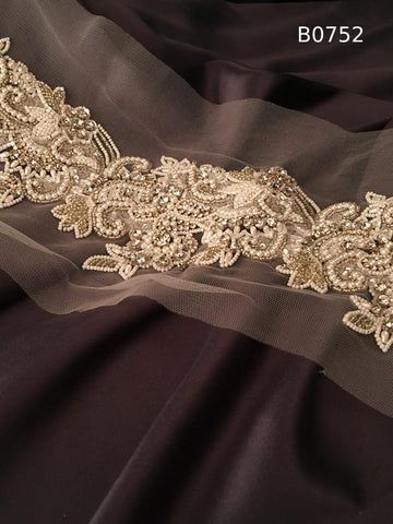 #B0752 Exquisite Floral Design Trim Beaded with Pearls, Rhinestones, Sequins, and Delicate Beads - Perfect for Bridal, Couture Fashion