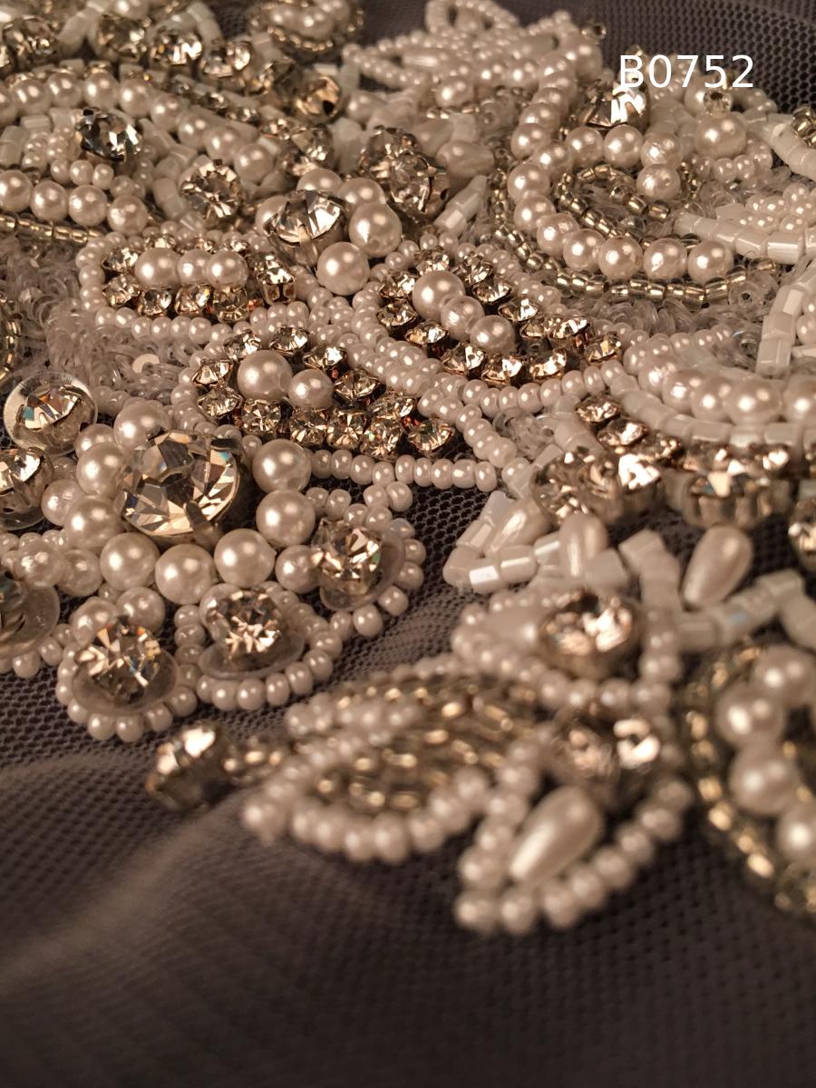 #B0752 Exquisite Floral Design Trim Beaded with Pearls, Rhinestones, Sequins, and Delicate Beads - Perfect for Bridal, Couture Fashion