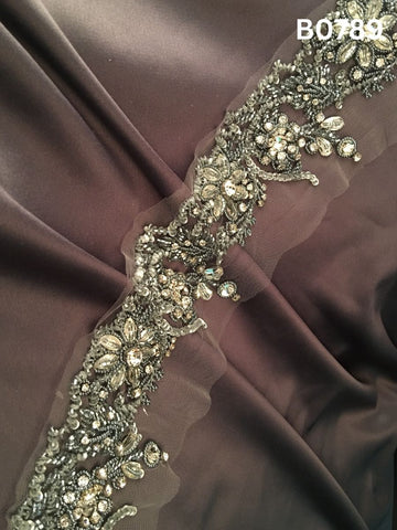 #B0789 Elegant Grey Abstract Hand-Beaded Trim with Luxe Beads, Sparkling Rhinestones & Pearls