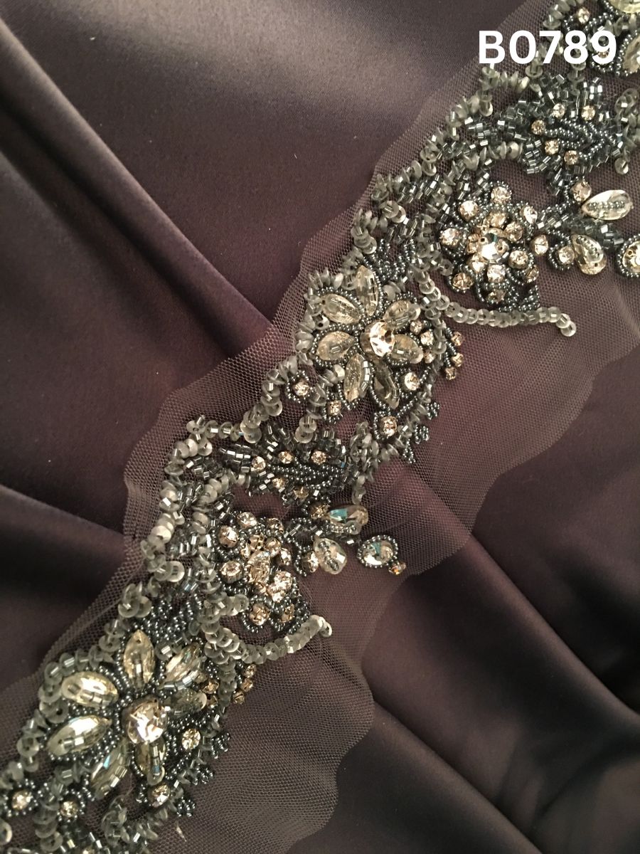 #B0789 Elegant Grey Abstract Hand-Beaded Trim with Luxe Beads, Sparkling Rhinestones & Pearls