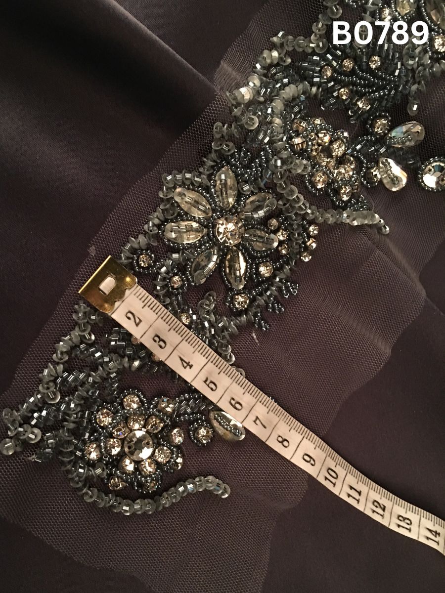 #B0789 Elegant Grey Abstract Hand-Beaded Trim with Luxe Beads, Sparkling Rhinestones & Pearls