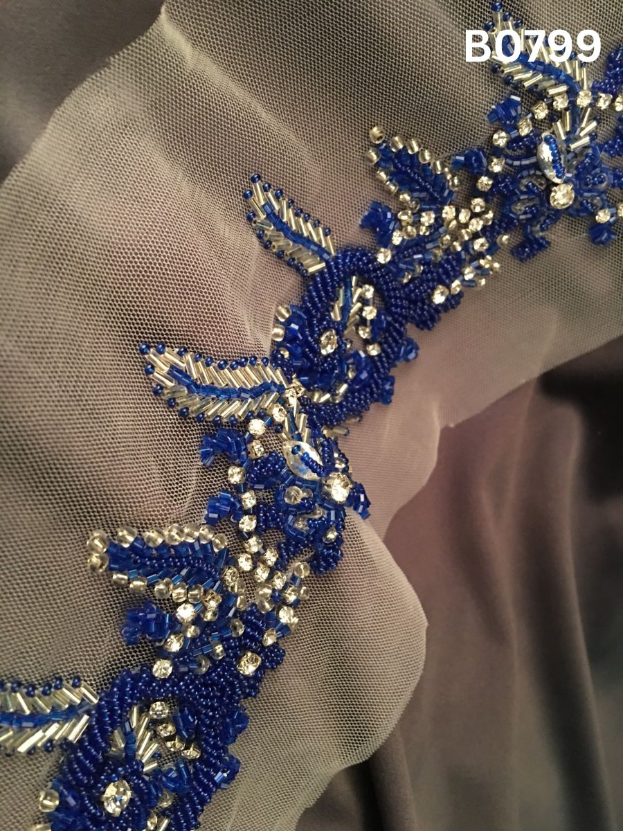 #B0799 Artisanal Blue Abstract Hand-Beaded Trim with Intricate Bead Embroidery