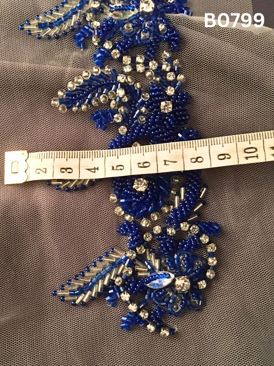 #B0799 Artisanal Blue Abstract Hand-Beaded Trim with Intricate Bead Embroidery
