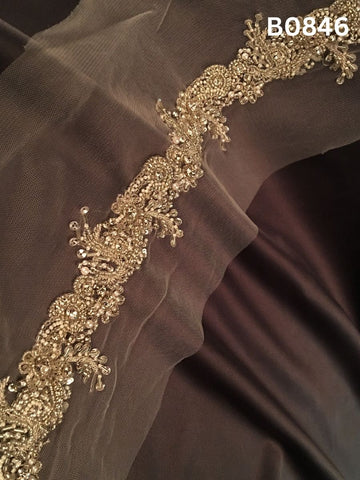 #B0846 Opulent Golden Abstract Hand-Beaded Trim with Rich Beads and Classic Pearls