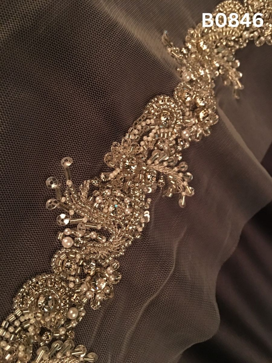 #B0846 Opulent Golden Abstract Hand-Beaded Trim with Rich Beads and Classic Pearls