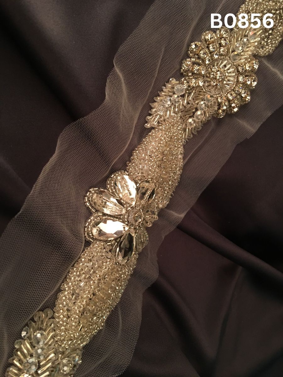 #B0856 Contemporary Silver Abstract Hand-Beaded Trim with Intricate Beadwork and Sparkling Rhinestones
