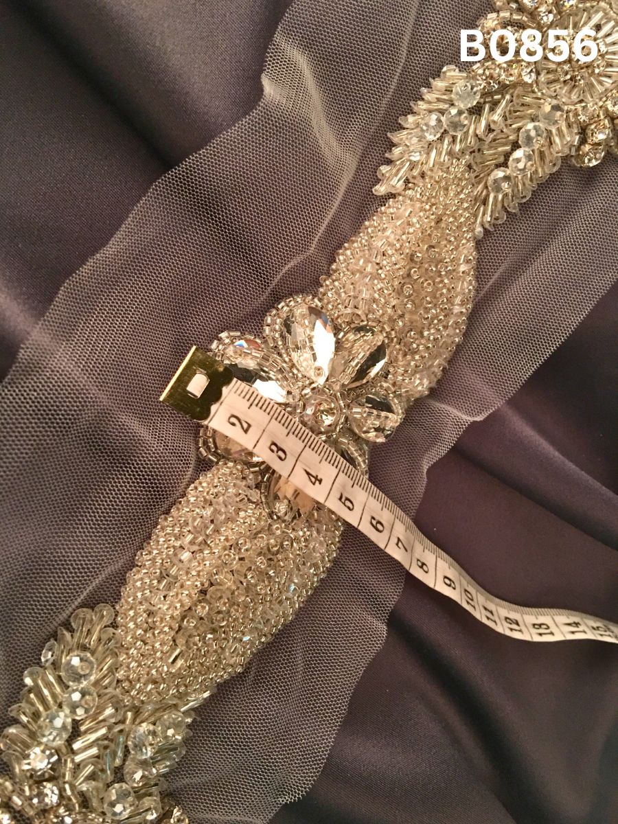 #B0856 Contemporary Silver Abstract Hand-Beaded Trim with Intricate Beadwork and Sparkling Rhinestones