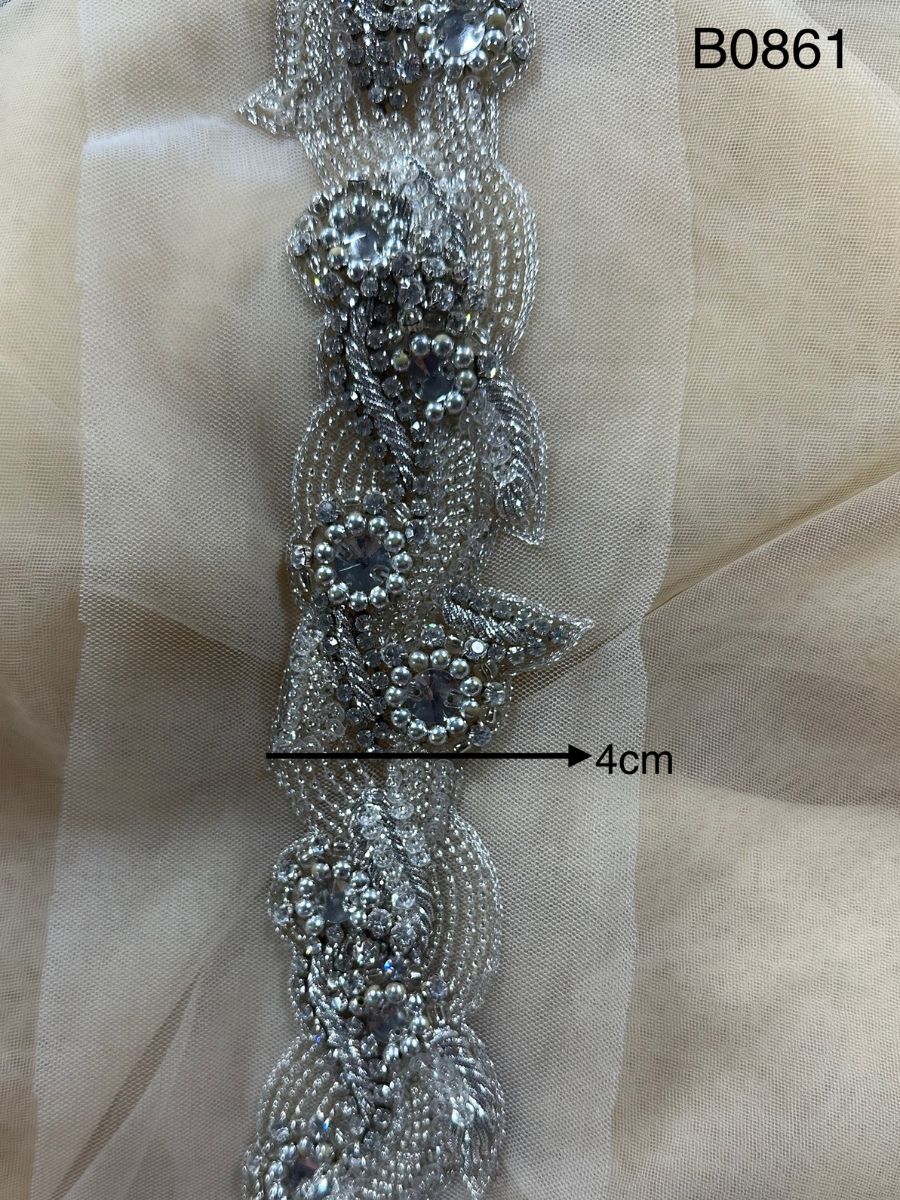 #B0861 Hand-Beaded Floral Trim with Sequins, Rhinestones, and Beads – A Luxurious and Elegant Embellishment for Couture Creations