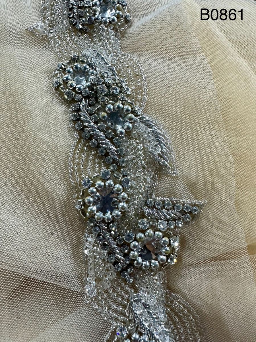 #B0861 Hand-Beaded Floral Trim with Sequins, Rhinestones, and Beads – A Luxurious and Elegant Embellishment for Couture Creations