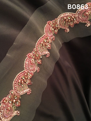 #B0863 Chic Pink Abstract Hand-Beaded Trim with Intricate Bead Embroidery – Feminine, Delicate Embellishment for High-Fashion & Luxe DIY Projects