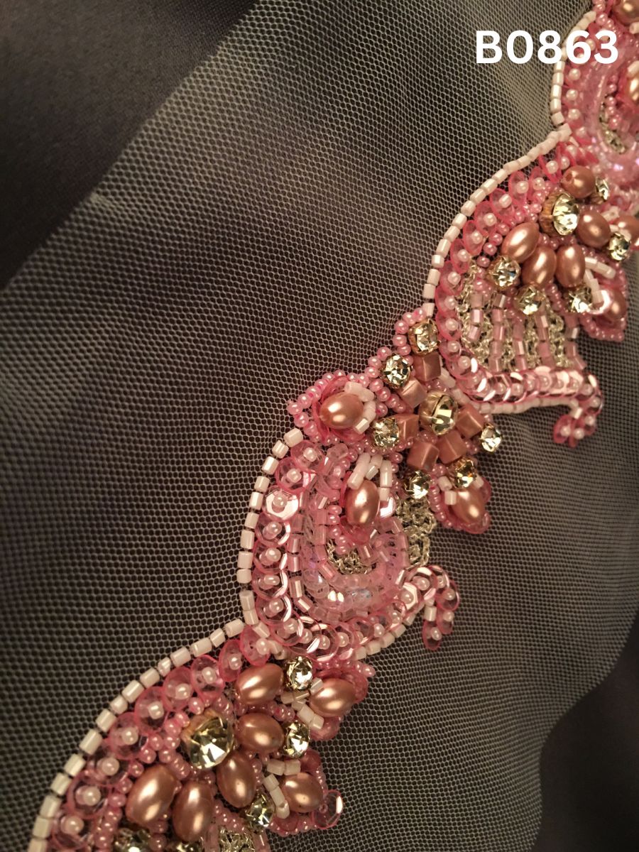 #B0863 Chic Pink Abstract Hand-Beaded Trim with Intricate Bead Embroidery – Feminine, Delicate Embellishment for High-Fashion & Luxe DIY Projects