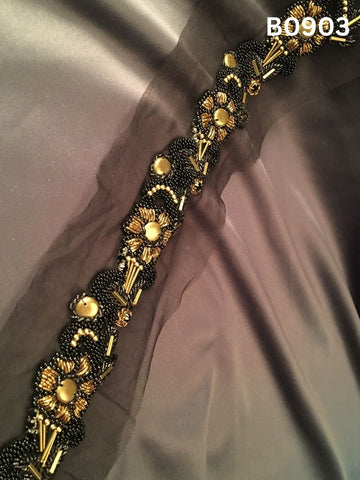 #B0903 Timeless Black & Gold Abstract Hand-Beaded Trim with Fine Thread Embroidery &amp; Premium Beads – Artisan-Made Embellishment for Couture Fashion & Luxe Décor