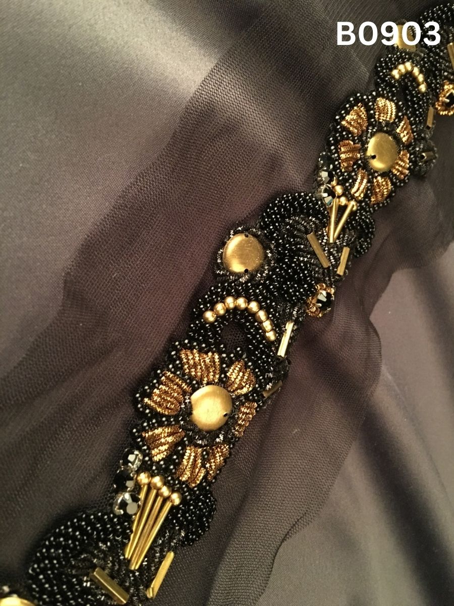#B0903 Timeless Black & Gold Abstract Hand-Beaded Trim with Fine Thread Embroidery &amp; Premium Beads – Artisan-Made Embellishment for Couture Fashion & Luxe Décor