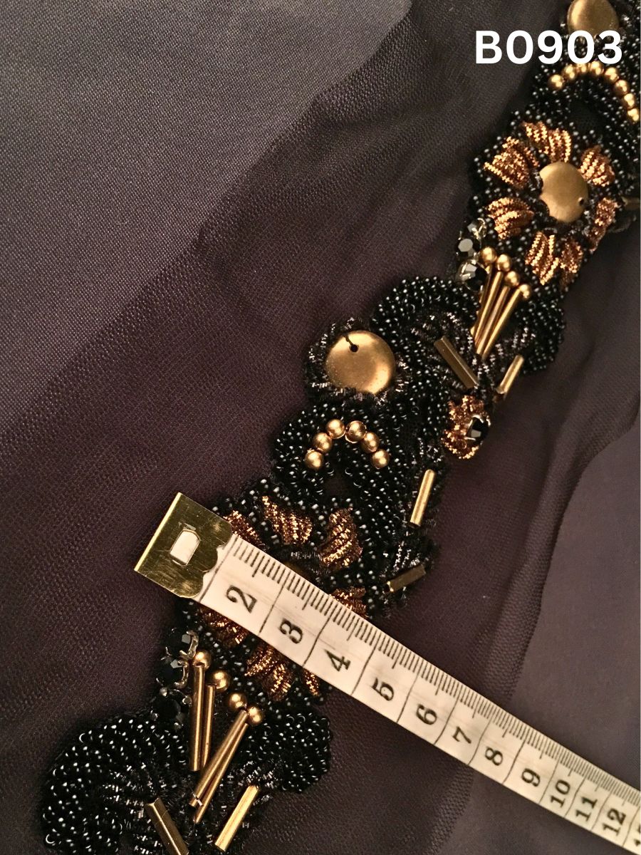 #B0903 Timeless Black & Gold Abstract Hand-Beaded Trim with Fine Thread Embroidery &amp; Premium Beads – Artisan-Made Embellishment for Couture Fashion & Luxe Décor