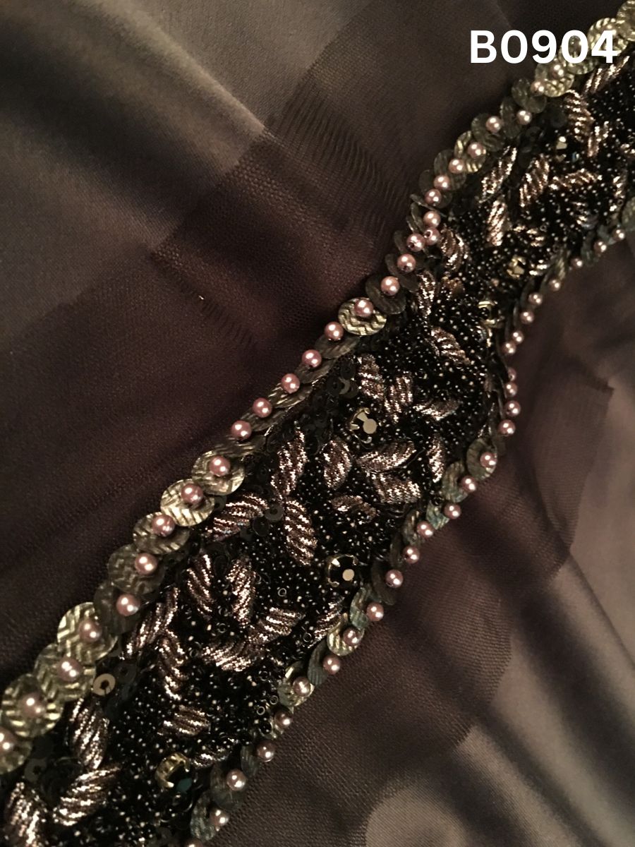 #B0904 Striking Black &amp; Gold Abstract Hand-Beaded Trim with Luxe Beads, Shimmering Sequins & Intricate Threadwork