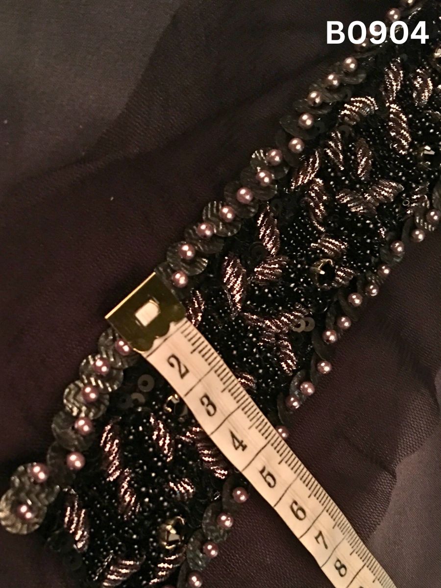 #B0904 Striking Black &amp; Gold Abstract Hand-Beaded Trim with Luxe Beads, Shimmering Sequins & Intricate Threadwork