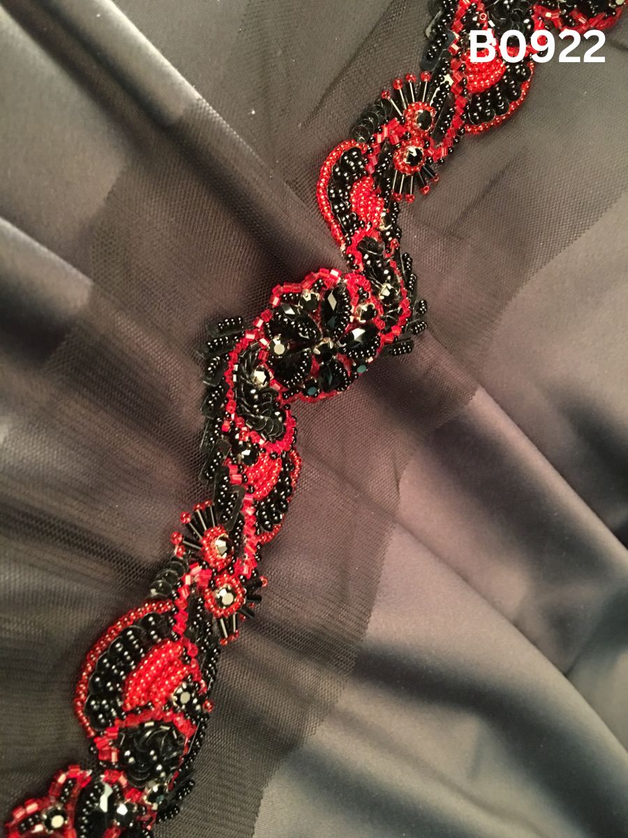 #B0922 Dramatic Black & Red Abstract Hand-Beaded Trim with Gleaming Rhinestones, Sequins & Beads