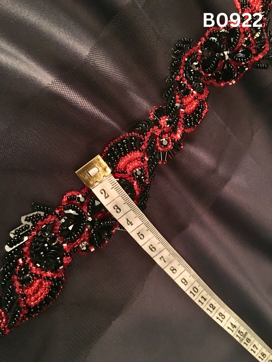 #B0922 Dramatic Black & Red Abstract Hand-Beaded Trim with Gleaming Rhinestones, Sequins & Beads