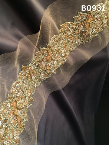#B0931 Regal Silver & Gold Abstract Hand-Beaded Trim with Luxe Beads, Intricate Appliqué & Sparkling Crystals