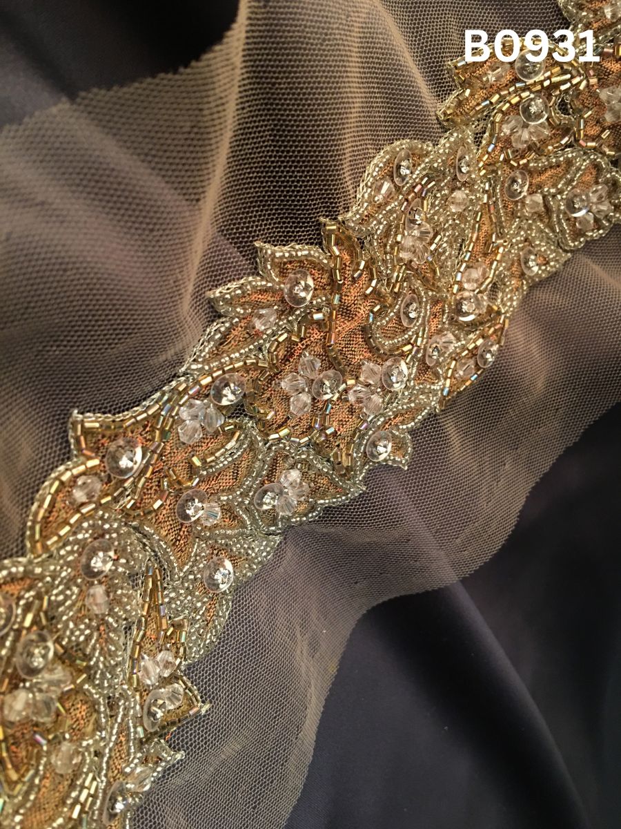 #B0931 Regal Silver & Gold Abstract Hand-Beaded Trim with Luxe Beads, Intricate Appliqué & Sparkling Crystals