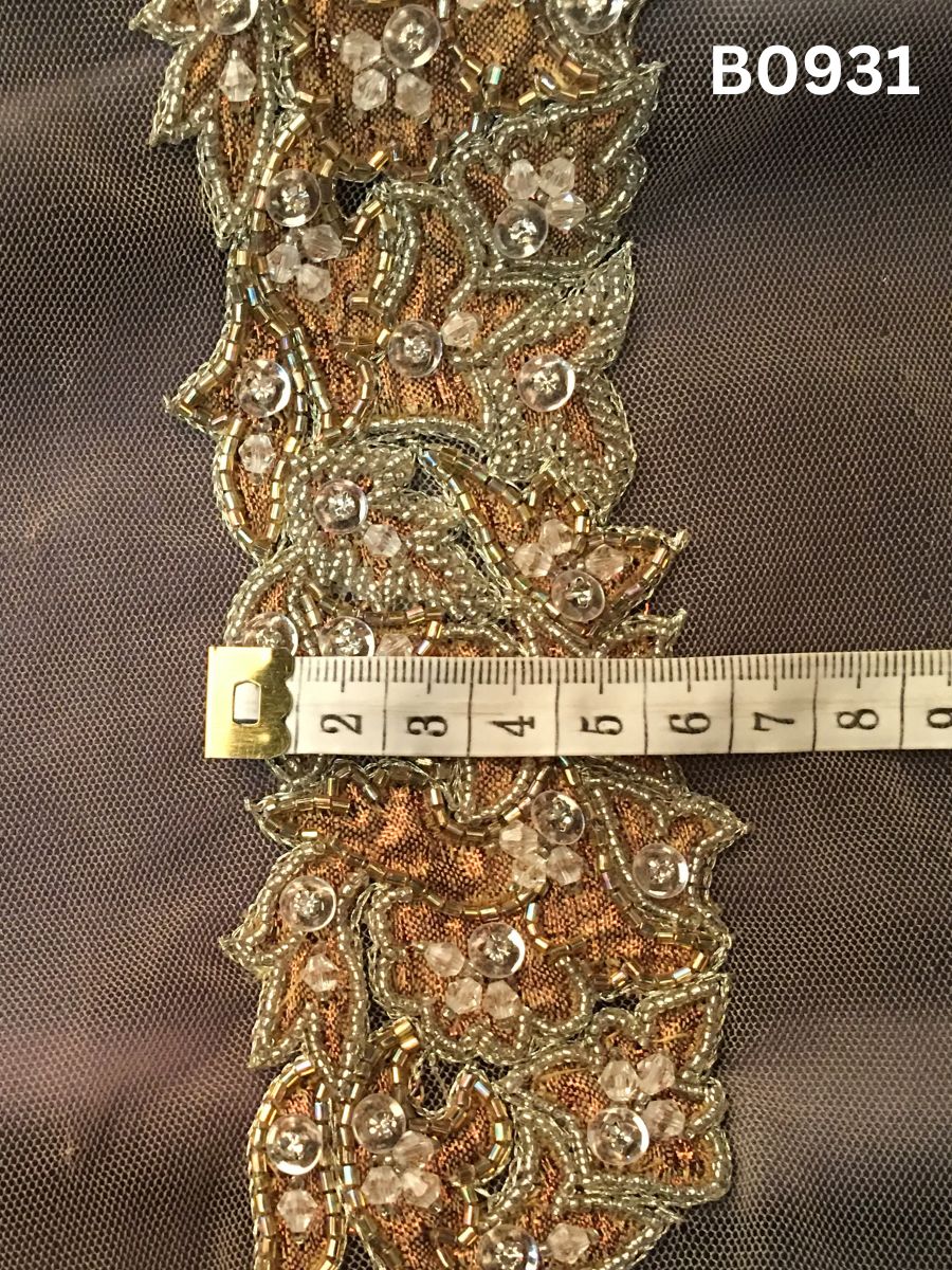 #B0931 Regal Silver & Gold Abstract Hand-Beaded Trim with Luxe Beads, Intricate Appliqué & Sparkling Crystals