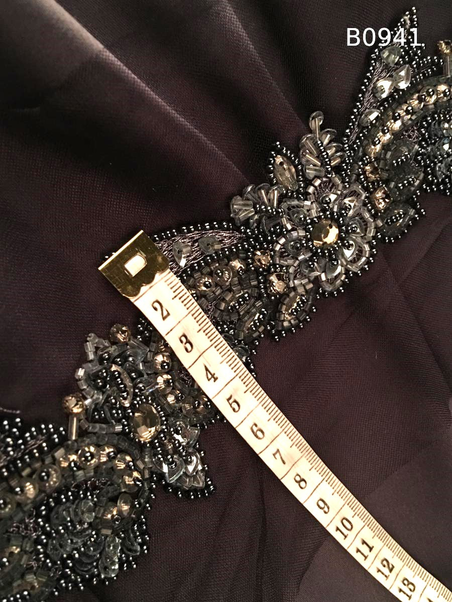#B0941 Luxurious Floral Design Trim – Exquisitely Beaded with Sequins, Exotic Beads, and Dazzling Rhinestones for Exquisite Fashion, Elegant Accessories