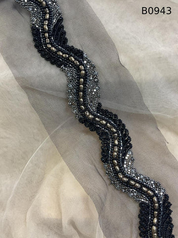 #B0943 Striking Abstract Design Trim Beaded with Various Types of Beads and Rhinestones – A Bold, Luxurious Embellishment for Couture Fashion, Evening Wear, Bridal