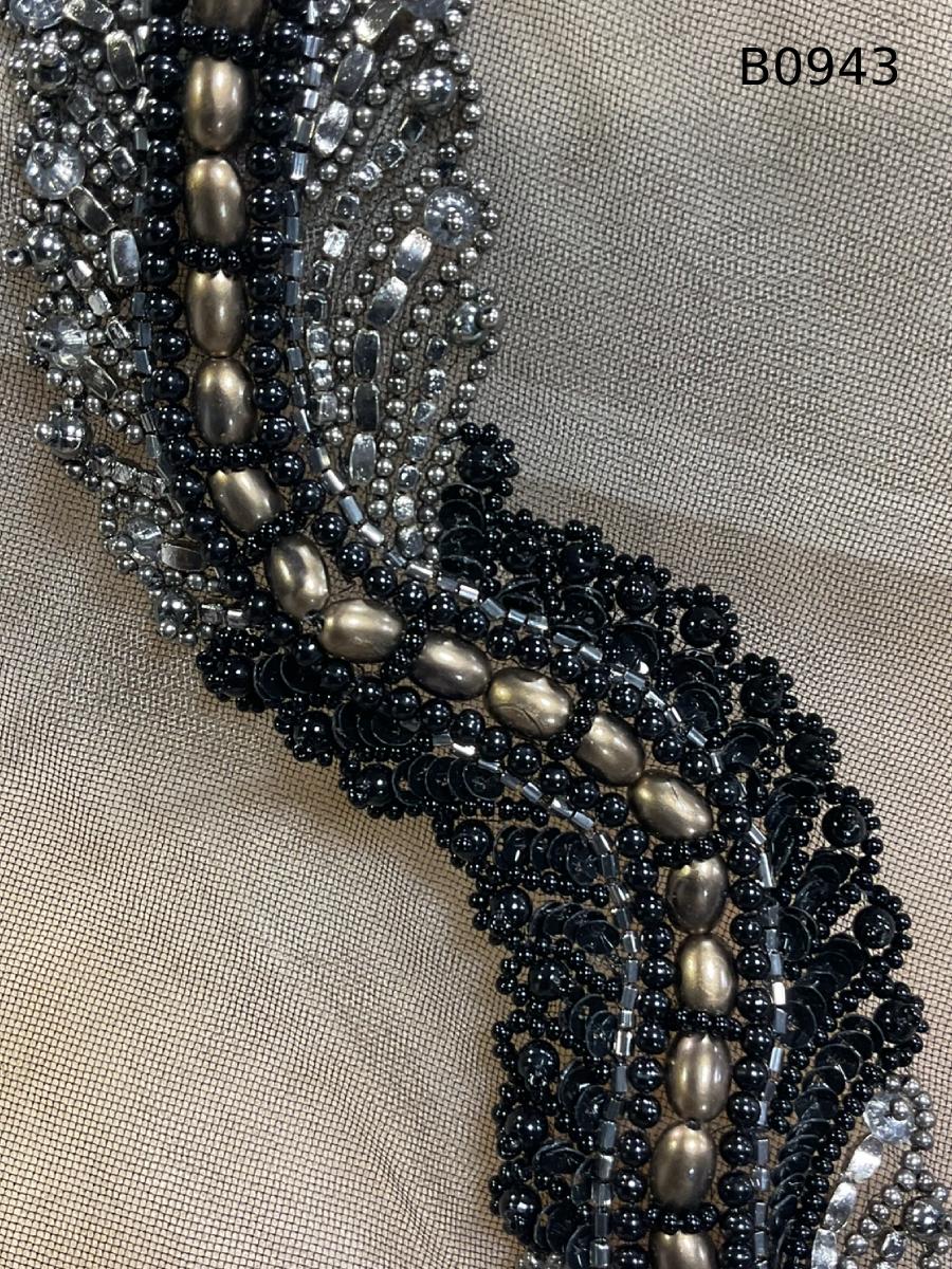 #B0943 Striking Abstract Design Trim Beaded with Various Types of Beads and Rhinestones – A Bold, Luxurious Embellishment for Couture Fashion, Evening Wear, Bridal