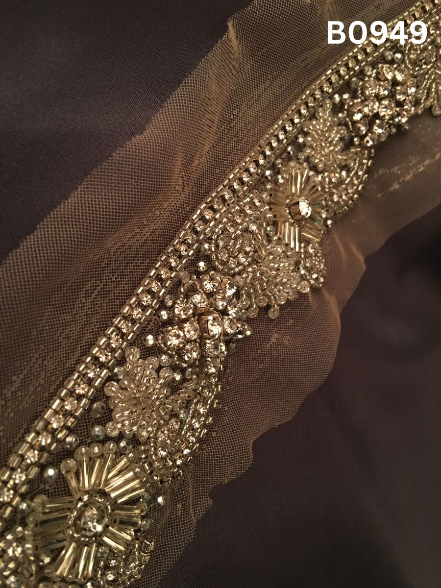#B0949 Elegant Silver & Black Abstract Hand-Beaded Trim with Sparkling Rhinestones, Pearls, Beads & Sequins