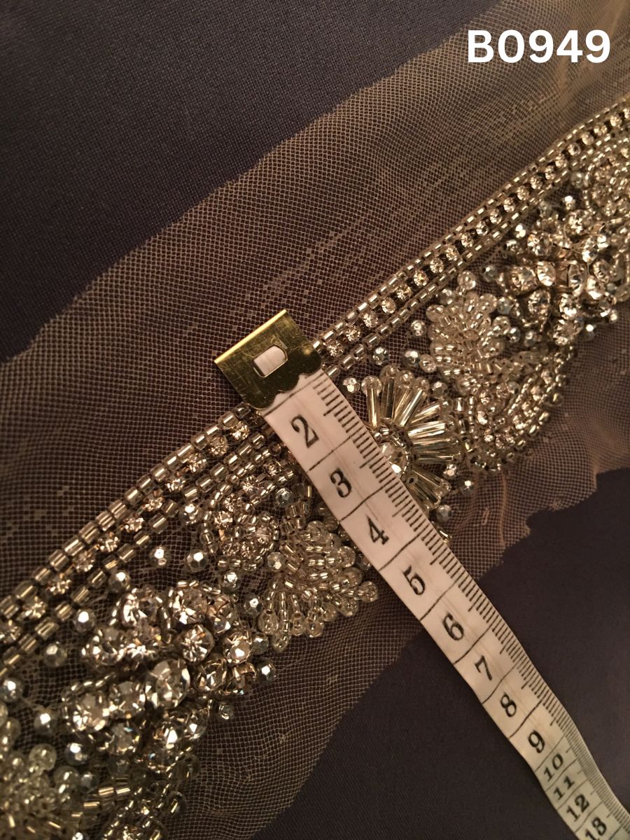 #B0949 Elegant Silver & Black Abstract Hand-Beaded Trim with Sparkling Rhinestones, Pearls, Beads & Sequins
