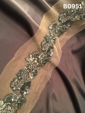 #B0951 Radiant Silver Abstract Hand-Beaded Trim with Intricate Rhinestones, Shimmering Sequins & Luxe Beadwork – Customizable Designer Embellishment