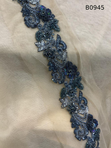 #B0951 Sophisticated Floral Design Trim Beaded with Rhinestones, Sequins, and Beads – A Luxurious Embellishment for Couture Fashion, Evening Wear, Bridal