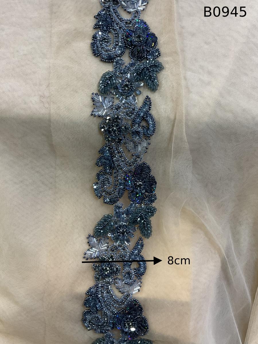 #B0951 Sophisticated Floral Design Trim Beaded with Rhinestones, Sequins, and Beads – A Luxurious Embellishment for Couture Fashion, Evening Wear, Bridal