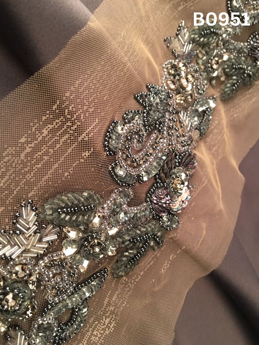 #B0951 Radiant Silver Abstract Hand-Beaded Trim with Intricate Rhinestones, Shimmering Sequins & Luxe Beadwork – Customizable Designer Embellishment