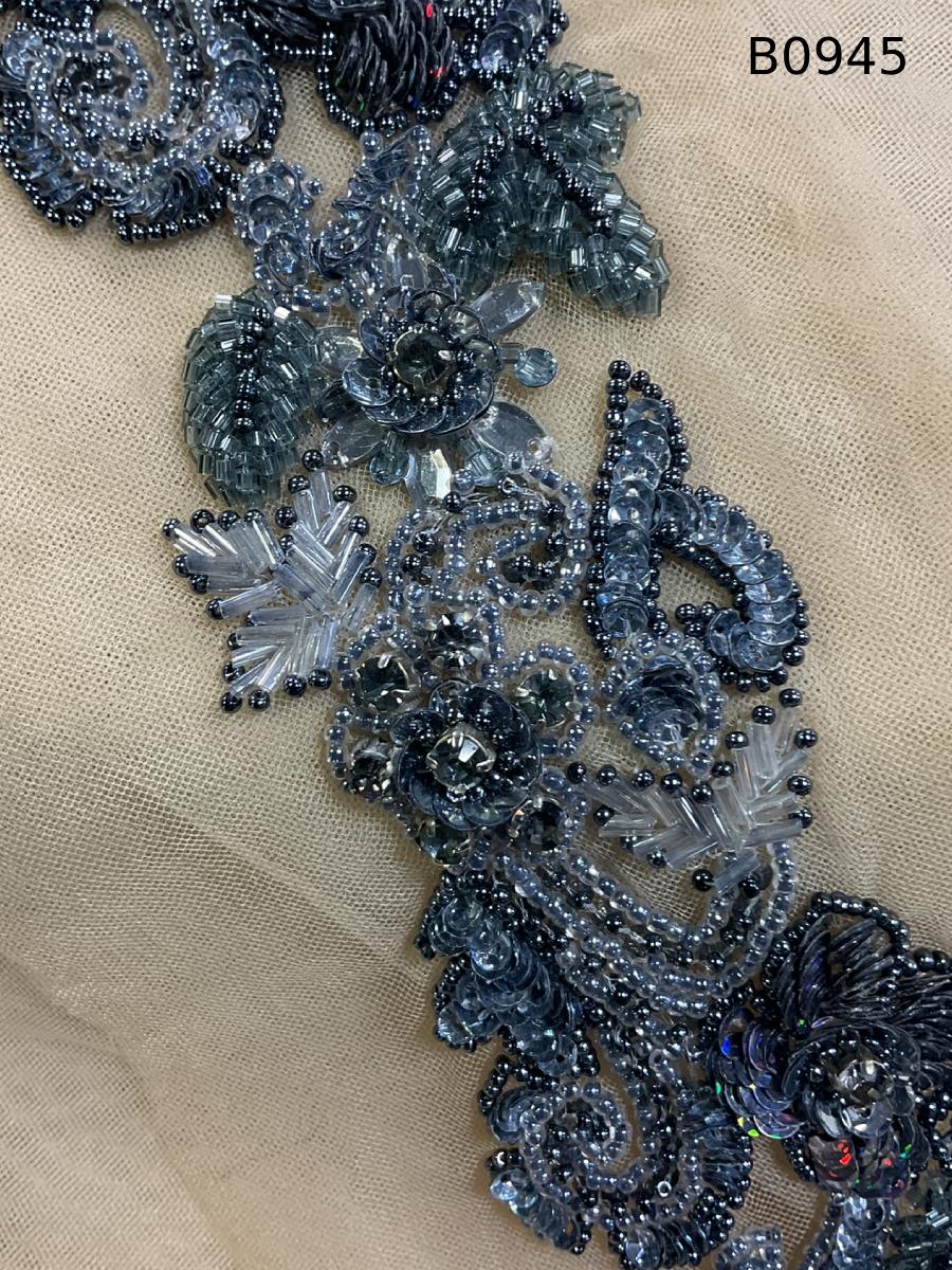 #B0951 Sophisticated Floral Design Trim Beaded with Rhinestones, Sequins, and Beads – A Luxurious Embellishment for Couture Fashion, Evening Wear, Bridal