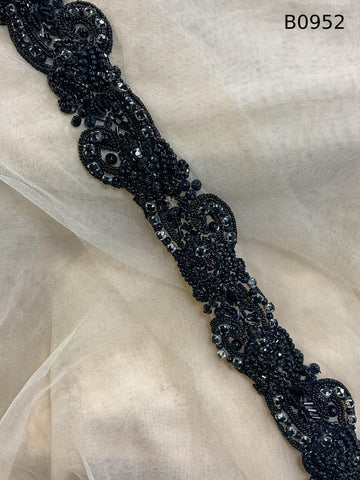 #B0952 Luxurious Floral Design Black Trim Beaded with Rhinestones, Sequins, and Beads – An Elegant Embellishment for Couture Fashion, Bridal, Evening Wear