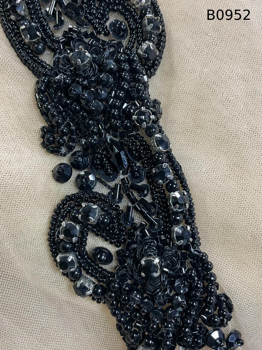 #B0952 Luxurious Floral Design Black Trim Beaded with Rhinestones, Sequins, and Beads – An Elegant Embellishment for Couture Fashion, Bridal, Evening Wear