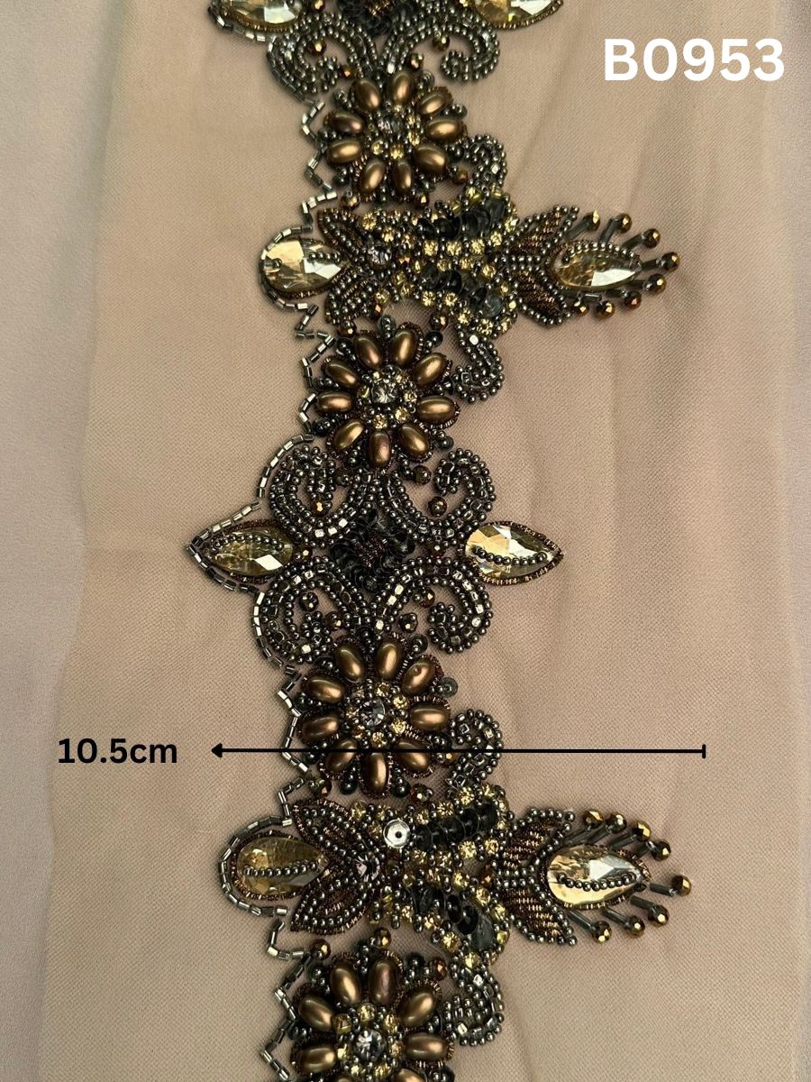 #B0953 Elegant Hand-Beaded Floral Gold Trim with Sequins, Beads, and Rhinestones