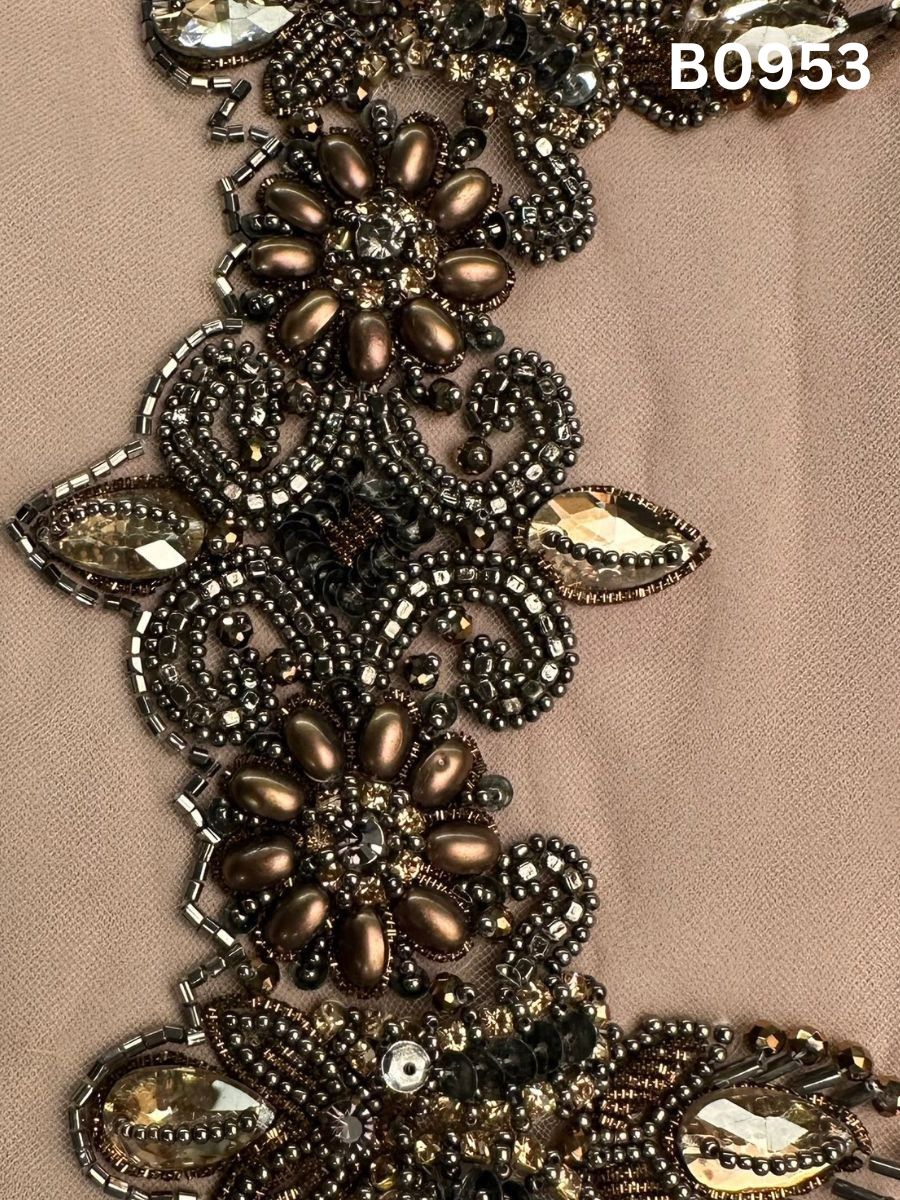 #B0953 Elegant Hand-Beaded Floral Gold Trim with Sequins, Beads, and Rhinestones