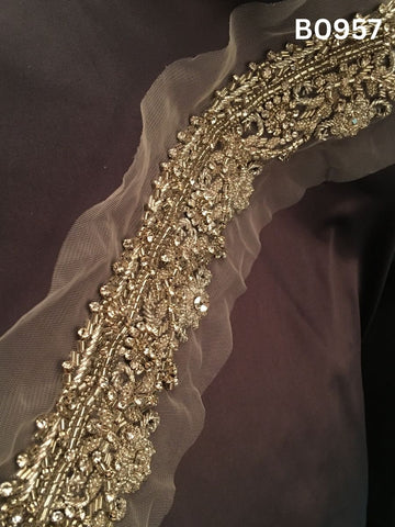 #B0957  Elegant Silver Abstract Hand-Beaded Trim with Sparkling Rhinestones & Precision Beadwork