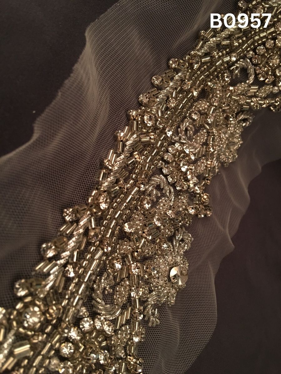#B0957  Elegant Silver Abstract Hand-Beaded Trim with Sparkling Rhinestones & Precision Beadwork