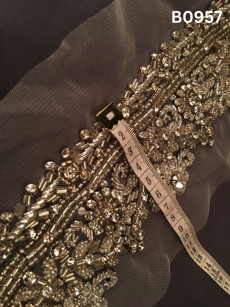 #B0957  Elegant Silver Abstract Hand-Beaded Trim with Sparkling Rhinestones & Precision Beadwork