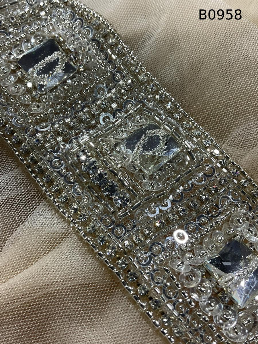 #B0958 Modern Geometric Design Trim Beaded with Rhinestones and Beads – A Bold, Luxurious Embellishment for Couture Fashion, Evening Wear, Bridal