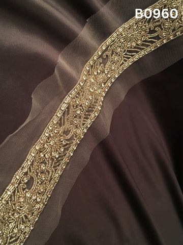 #B0960 Dual-Toned Gold & Silver Abstract Hand-Beaded Trim with Radiant Rhinestones & Intricate Beadwork