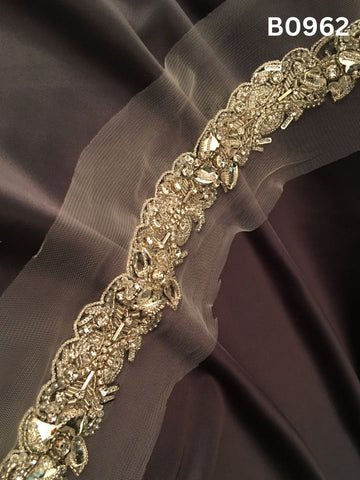 #B0962 Luxurious Golden Abstract Hand-Beaded Trim with Dazzling Rhinestones, Lustrous Beads & Sparkling Sequins – Artisan Embellishment for Couture Fashion & Decor