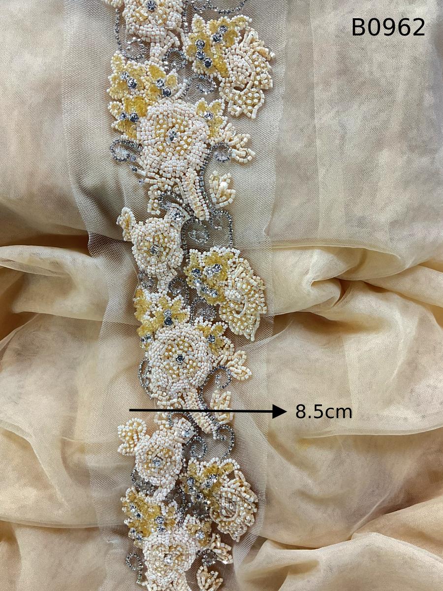 #B0962 Elegant Floral Design Trim Beaded with Beads, Sequins, and Rhinestones – A Luxurious Embellishment for Couture Fashion, Bridal, Evening Wear