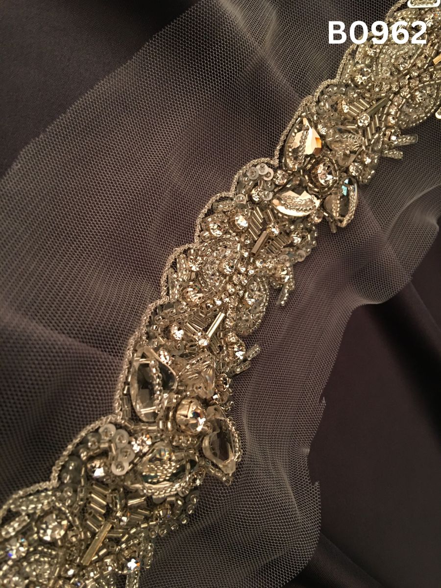 #B0962 Luxurious Golden Abstract Hand-Beaded Trim with Dazzling Rhinestones, Lustrous Beads & Sparkling Sequins – Artisan Embellishment for Couture Fashion & Decor