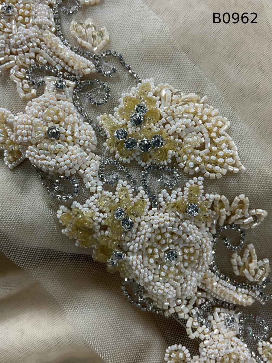 #B0962 Elegant Floral Design Trim Beaded with Beads, Sequins, and Rhinestones – A Luxurious Embellishment for Couture Fashion, Bridal, Evening Wear