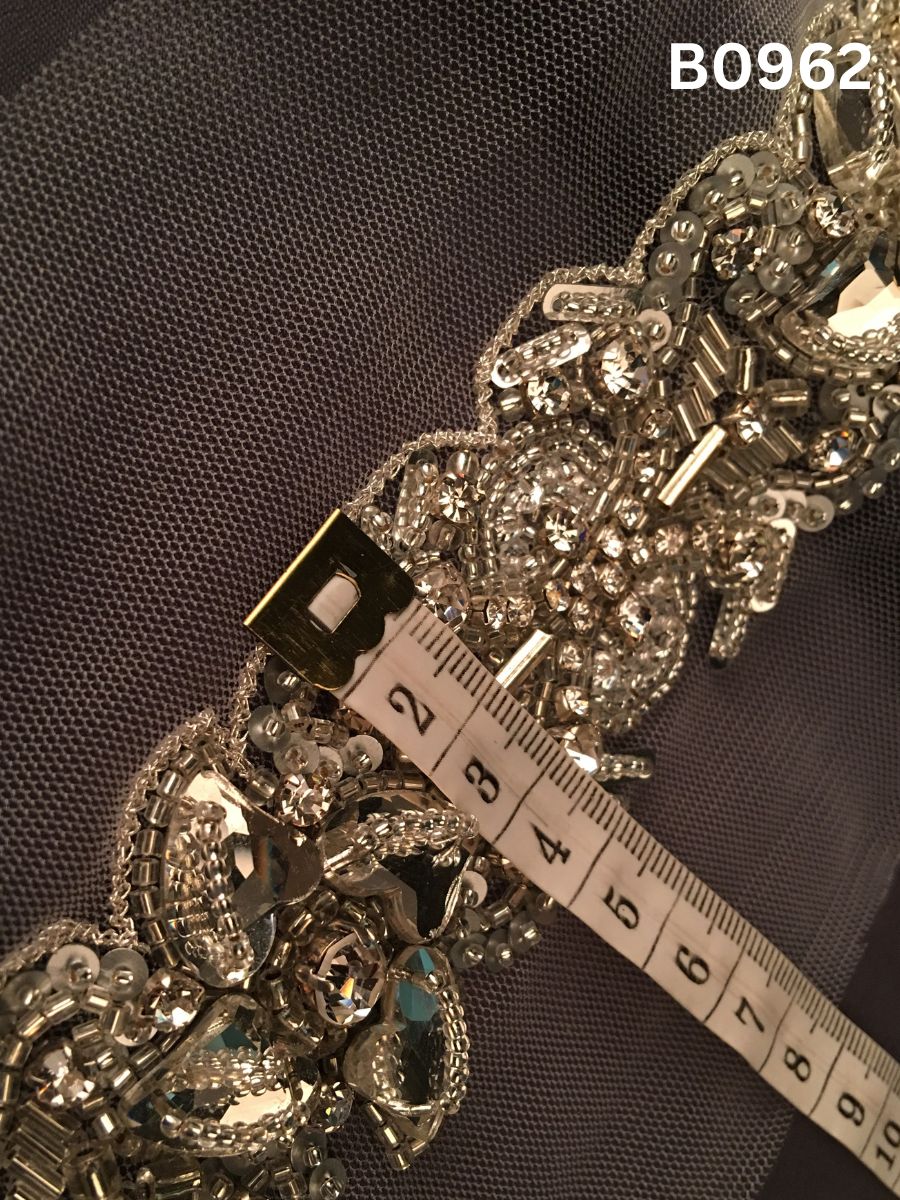 #B0962 Luxurious Golden Abstract Hand-Beaded Trim with Dazzling Rhinestones, Lustrous Beads & Sparkling Sequins – Artisan Embellishment for Couture Fashion & Decor